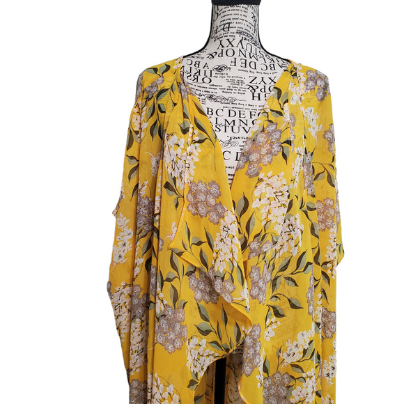 Blu Heaven Yellow Green Floral Long Flowy Kimono Medium - Picture 3 of 12